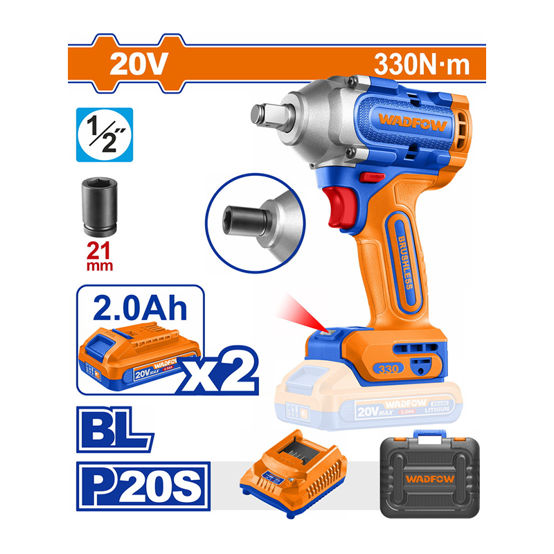 WCD1B33E Μπουλονόκλειδο Μπατ. Li-ion 20V / 330 Nm / Μπαταρία 2 x 2Ah & Φορτιστή BL Motor WADFOW WCD1B33E - Image 1