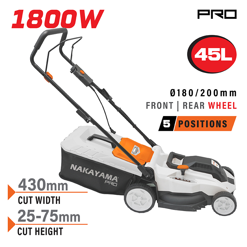 EM4021 Ηλεκτρική Χλοοκοπτική μηχανή 1800W, Κοπή 43cm, Κάδος 45L, Ρύθμιση 5 Θέσεων (25-75mm) NAKAYAMA EM4021 - Image 1