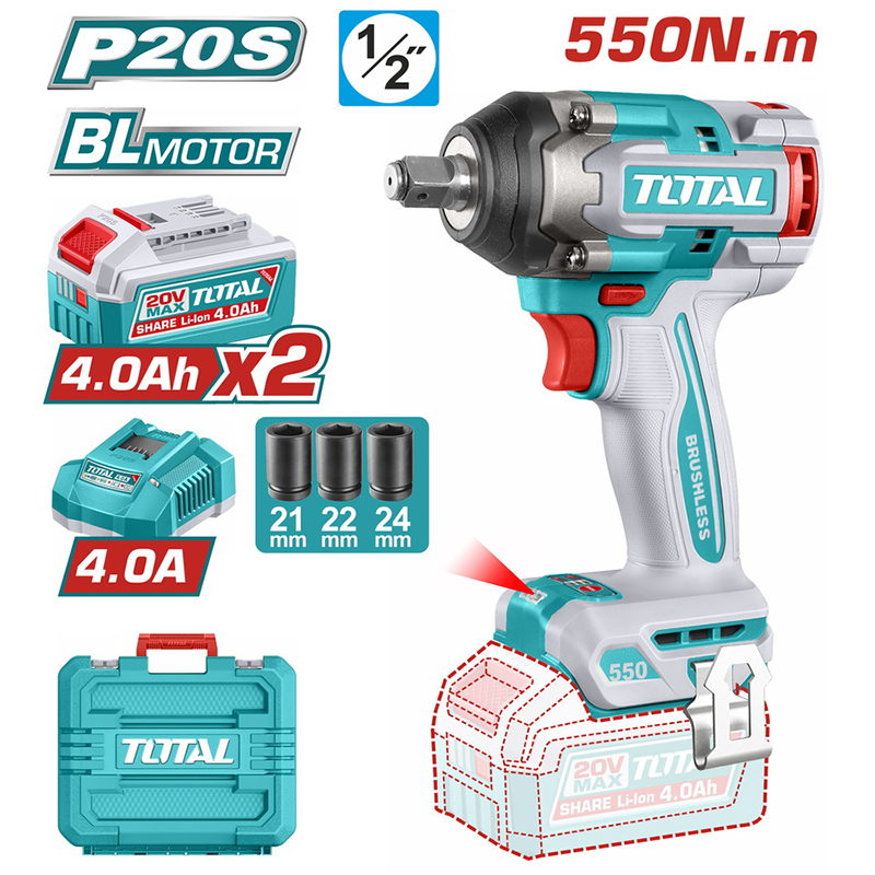 TIWLI2055E Μπουλονόκλειδο Μπαταρίας Li-ion 20V 550Nm Brushless / 2x4Ah & Ταχυφορτιστής & Βαλίτσα Μεταφοράς TOTAL TIWLI2055E - Image 1